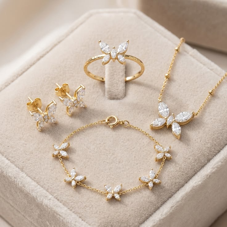 butterfly necklace, bracelet, earrings and rings for girls