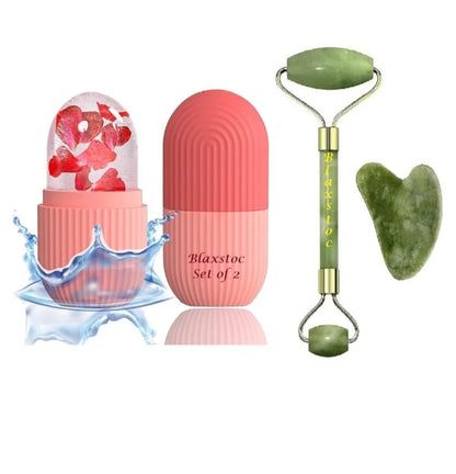 Jade Roller with Gua Sha, Silicone Ice Roller, and Free Derma Roller