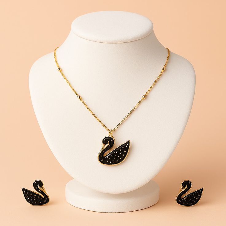 Black Swan Duck Shape With Golden Chain Charm Necklace